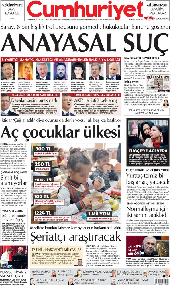 Cumhuriyet Gazetesi 14 Ocak 2023, Cumartesi Günü Manşeti