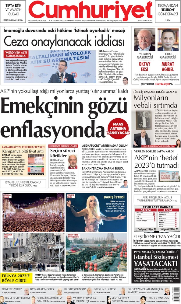 Cumhuriyet Gazetesi 2 Ocak 2023, Pazartesi Günü Manşeti
