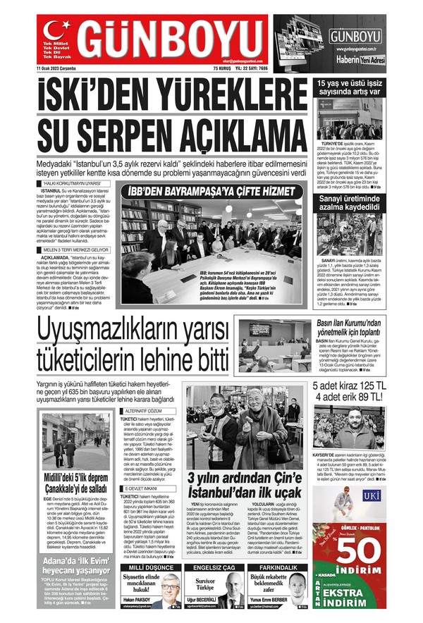 Günboyu Gazetesi 11 Ocak 2023, Çarşamba Günü Manşeti