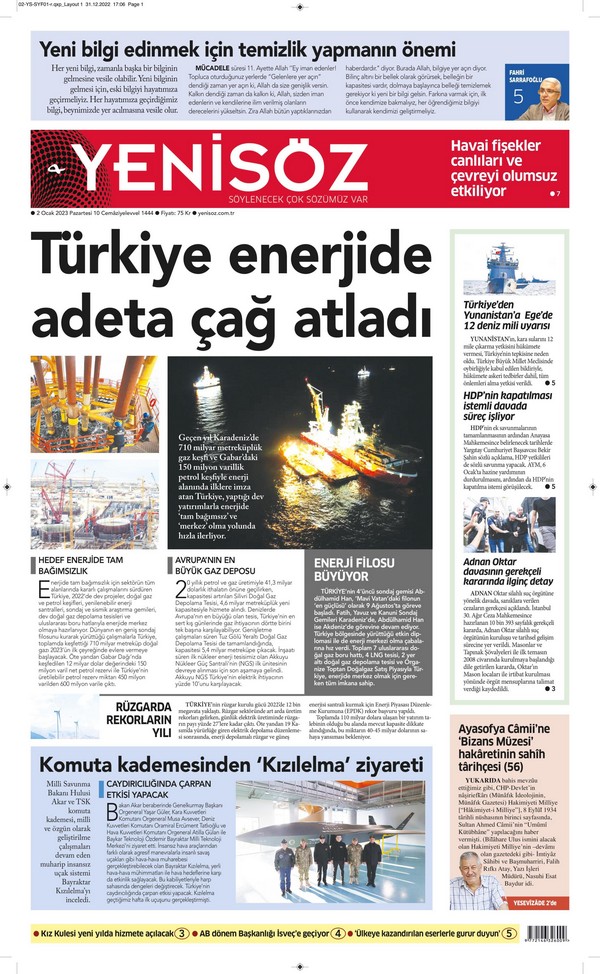Yenisöz Gazetesi 2 Ocak 2023, Pazartesi Günü Manşeti