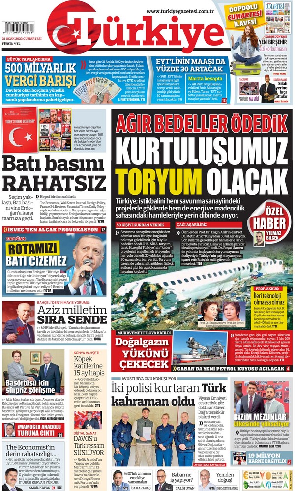 Türkiye Gazetesi 21 Ocak 2023, Cumartesi Günü Manşeti