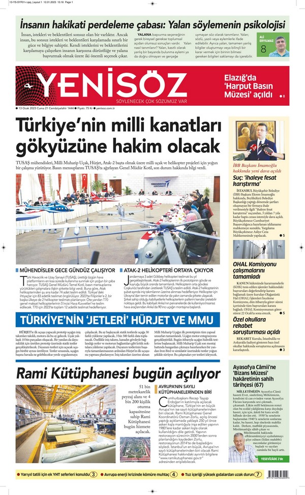 Yenisöz Gazetesi 13 Ocak 2023, Cuma Günü Manşeti