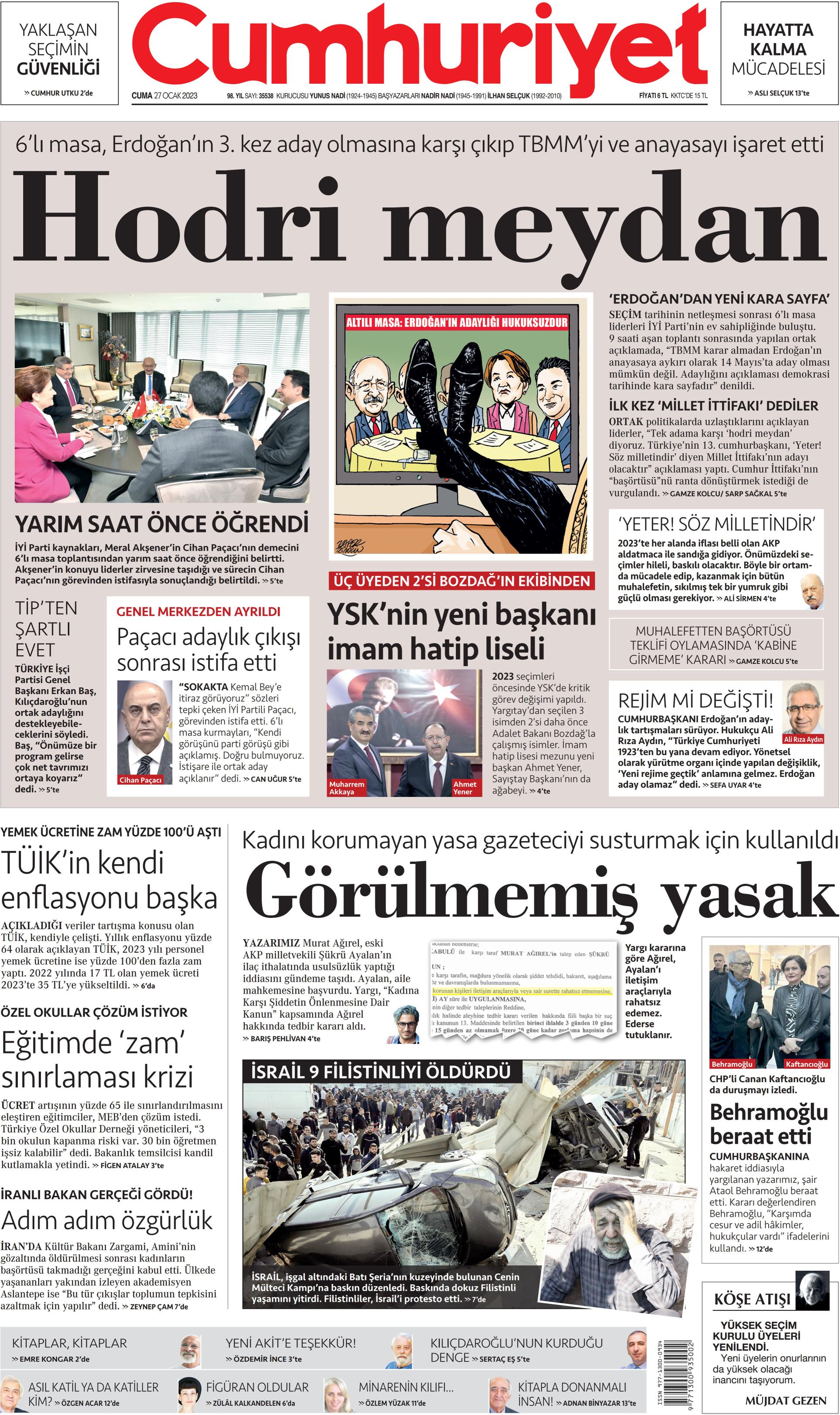 Cumhuriyet Gazetesi 27 Ocak 2023, Cuma Günü Manşeti