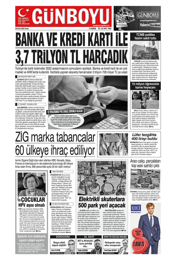 Günboyu Gazetesi 20 Ocak 2023, Cuma Günü Manşeti