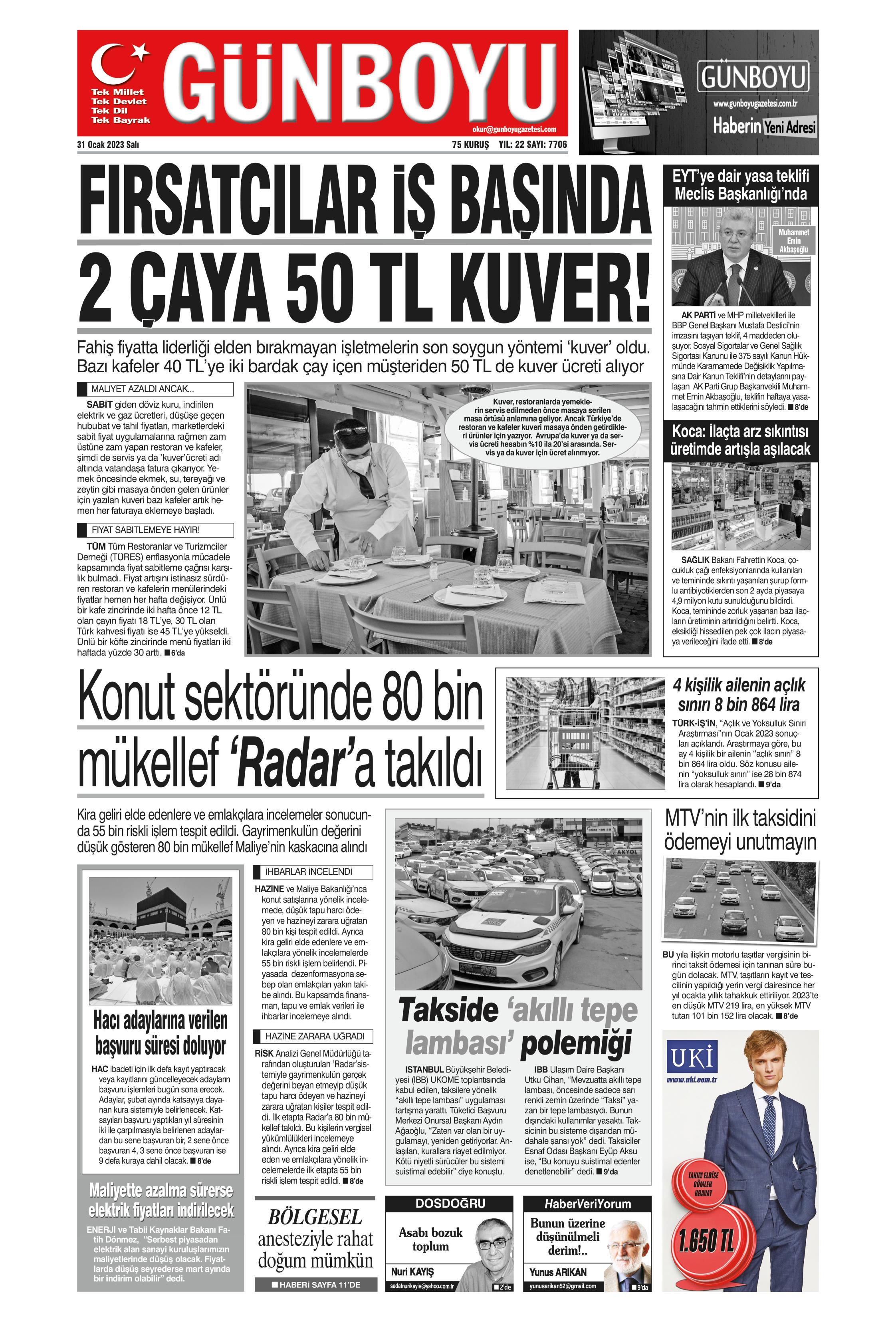 Günboyu Gazetesi 31 Ocak 2023, Salı Günü Manşeti