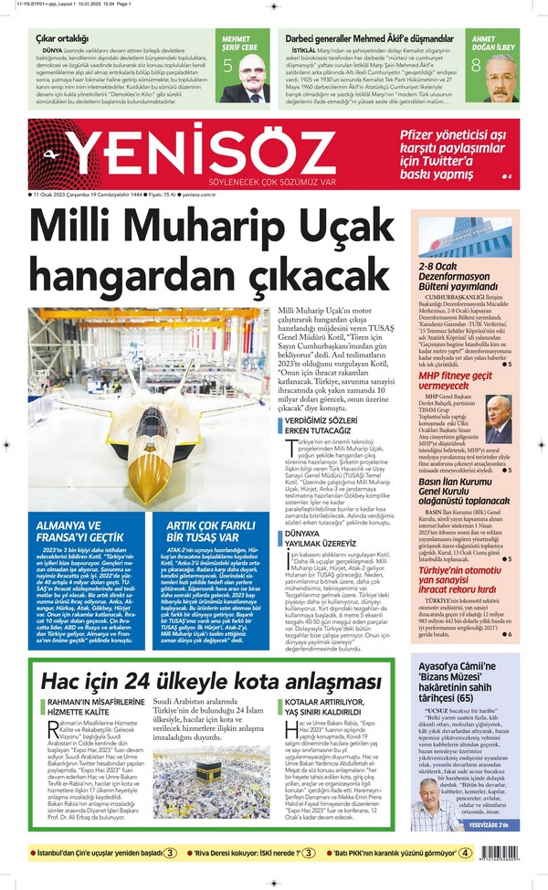 Yenisöz Gazetesi 11 Ocak 2023, Çarşamba Günü Manşeti