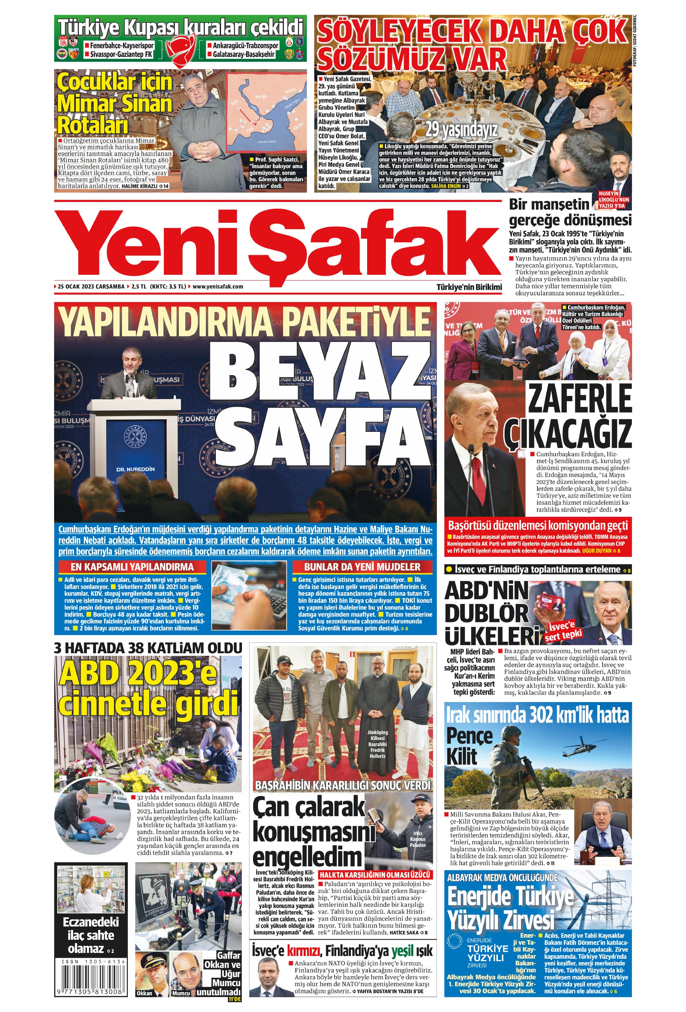 Yeni Şafak Gazetesi 25 Ocak 2023, Çarşamba Günü Manşeti