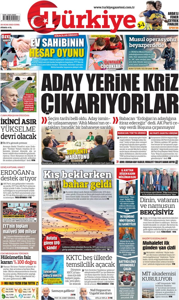 Türkiye Gazetesi 20 Ocak 2023, Cuma Günü Manşeti