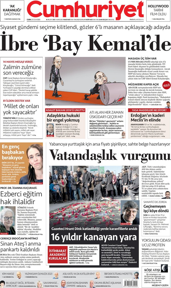 Cumhuriyet Gazetesi 20 Ocak 2023, Cuma Günü Manşeti