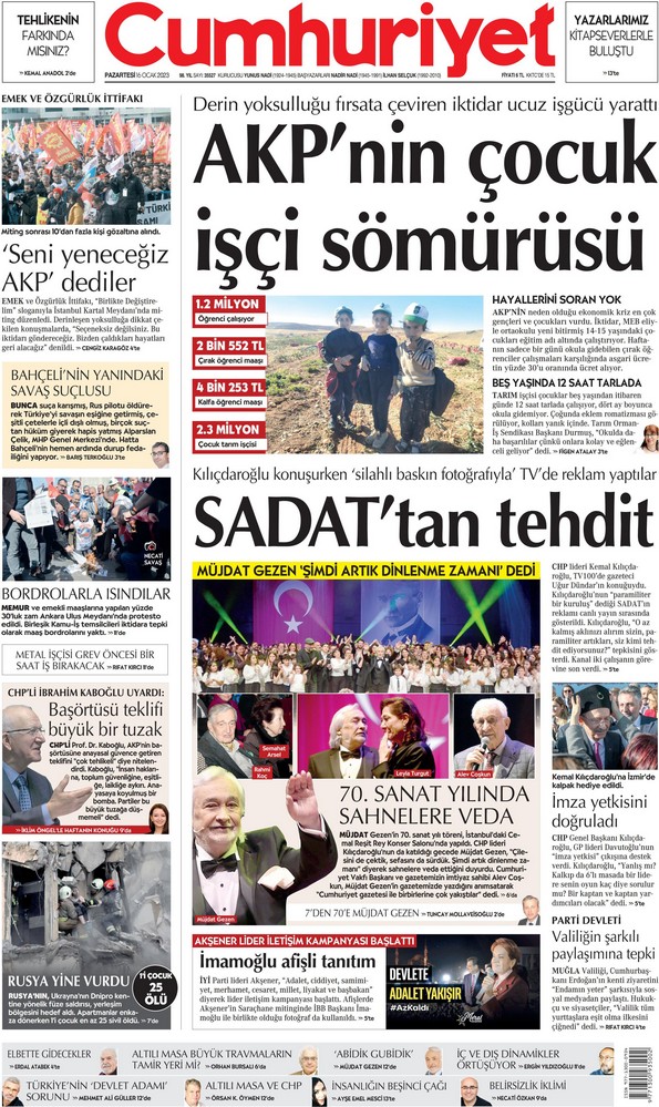 Cumhuriyet Gazetesi 16 Ocak 2023, Pazartesi Günü Manşeti
