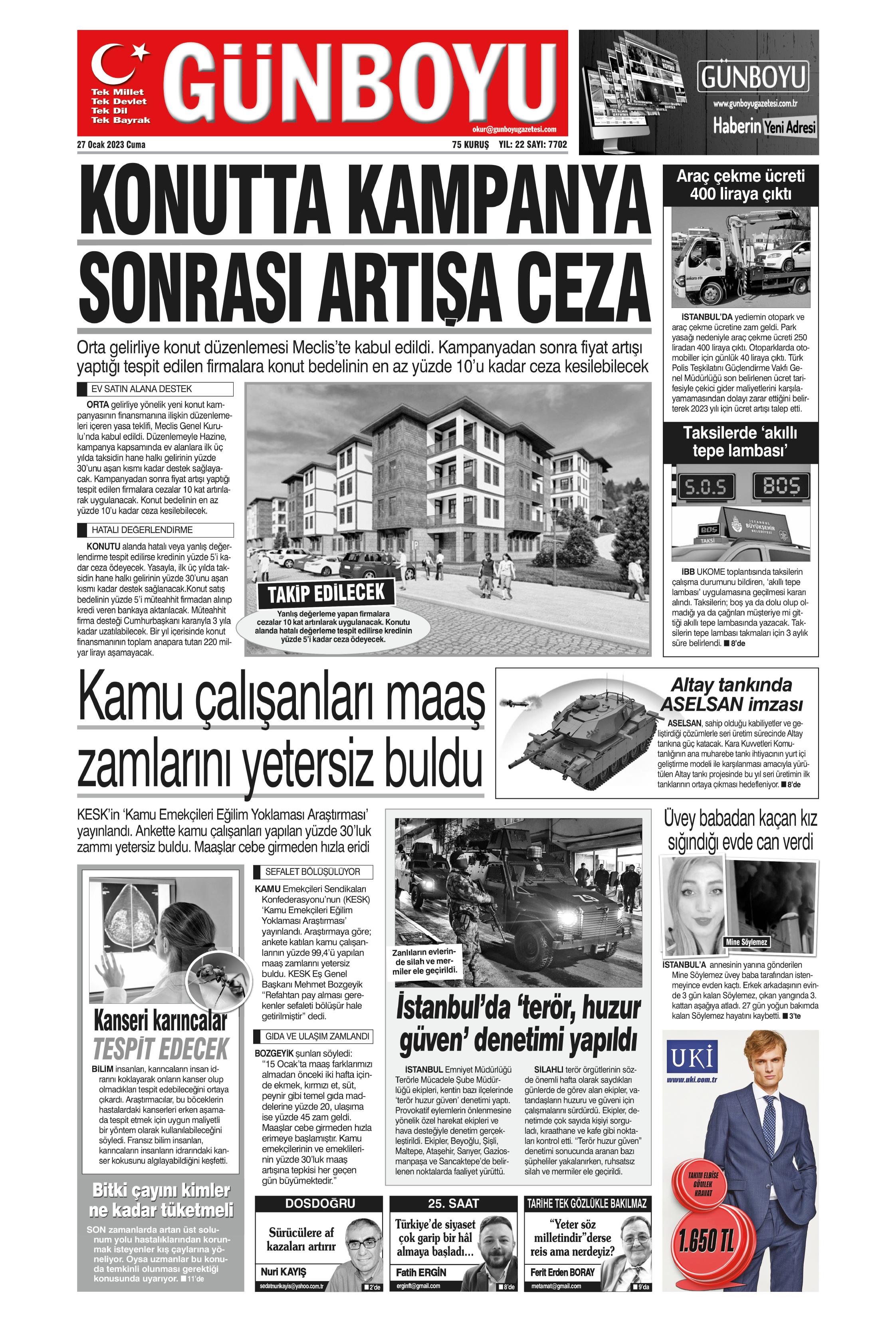 Günboyu Gazetesi 27 Ocak 2023, Cuma Günü Manşeti