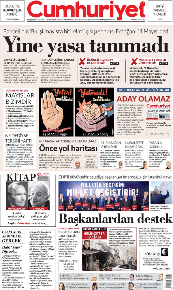 Cumhuriyet Gazetesi 19 Ocak 2023, Perşembe Günü Manşeti