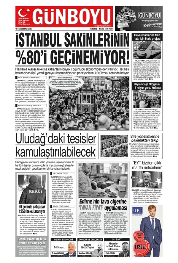 Günboyu Gazetesi 19 Ocak 2023, Perşembe Günü Manşeti