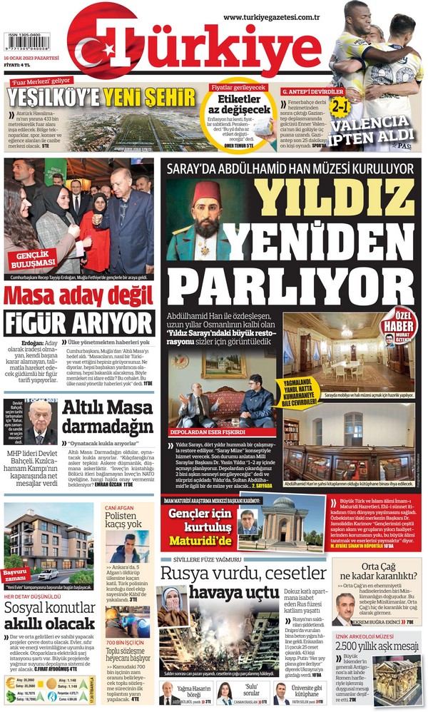 Türkiye Gazetesi 16 Ocak 2023, Pazartesi Günü Manşeti