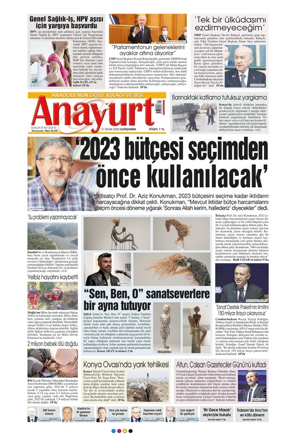 Anayurt Gazetesi 11 Ocak 2023, Çarşamba Günü Manşeti