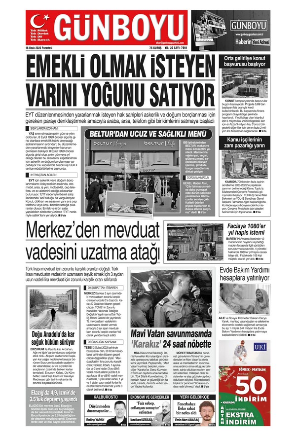 Günboyu Gazetesi 16 Ocak 2023, Pazartesi Günü Manşeti