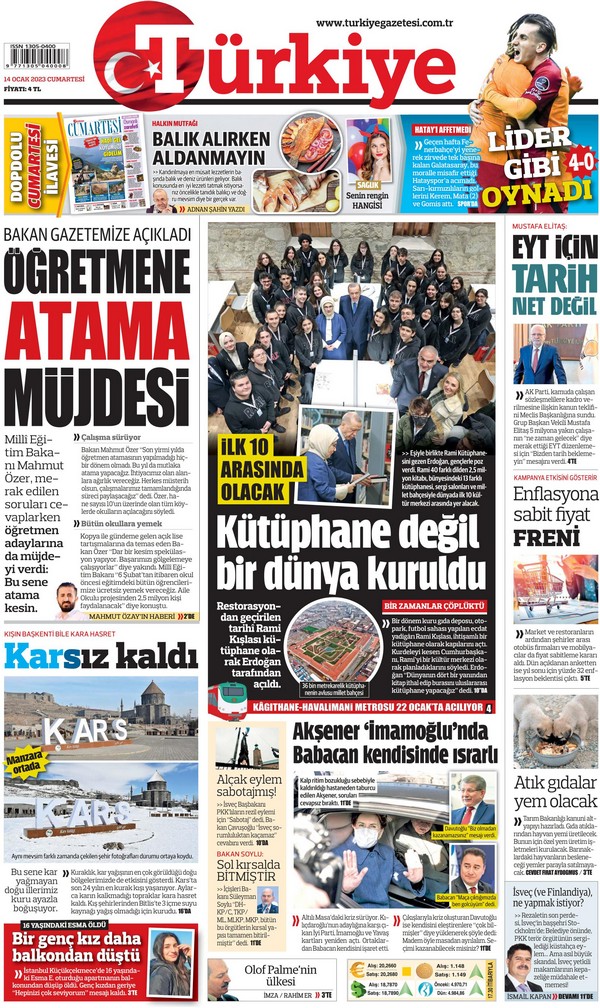 Türkiye Gazetesi 14 Ocak 2023, Cumartesi Günü Manşeti