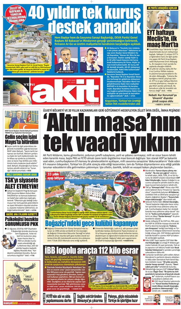 Yeni Akit Gazetesi 18 Ocak 2023, Çarşamba Günü Manşeti