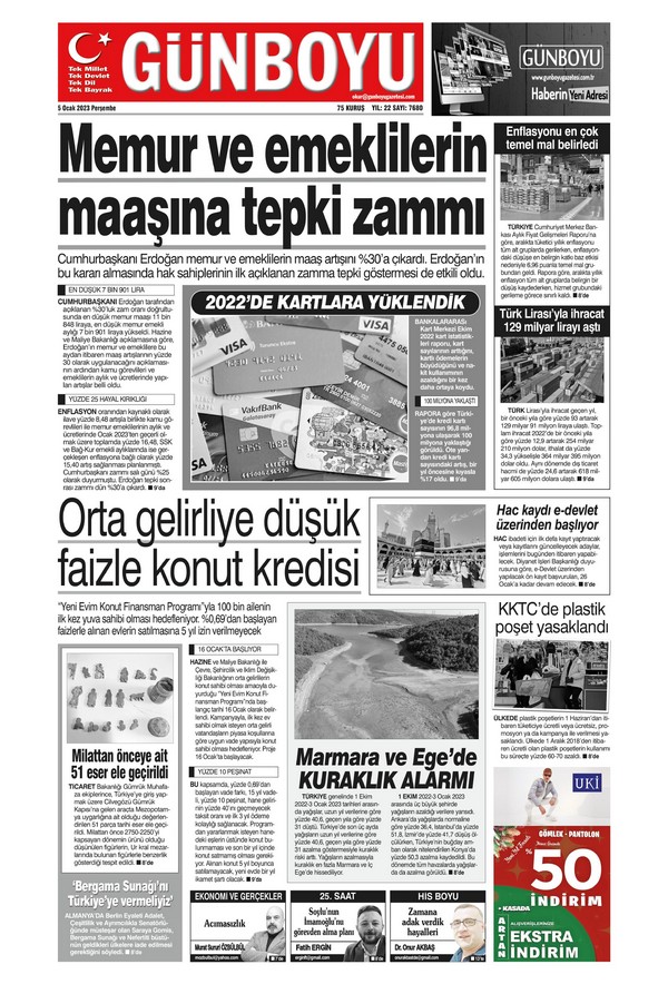 Günboyu Gazetesi 5 Ocak 2023, Perşembe Günü Manşeti