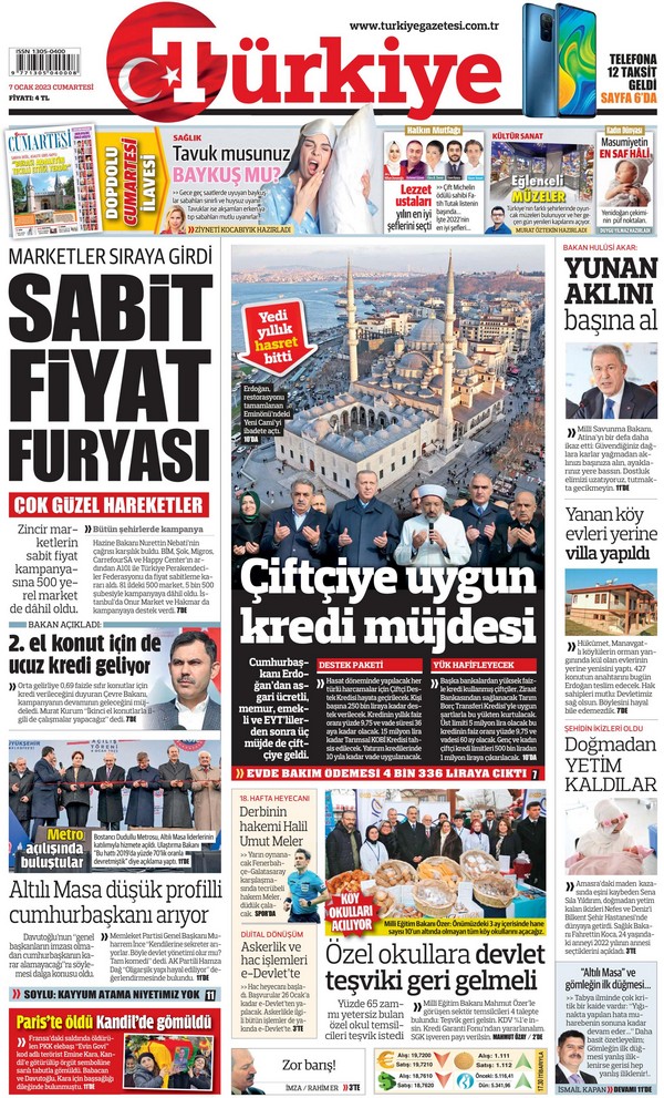 Türkiye Gazetesi 7 Ocak 2023, Cumartesi Günü Manşeti