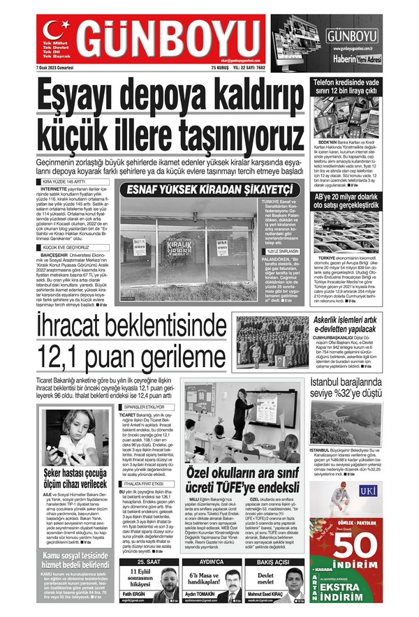 Günboyu Gazetesi 7 Ocak 2023, Cumartesi Günü Manşeti