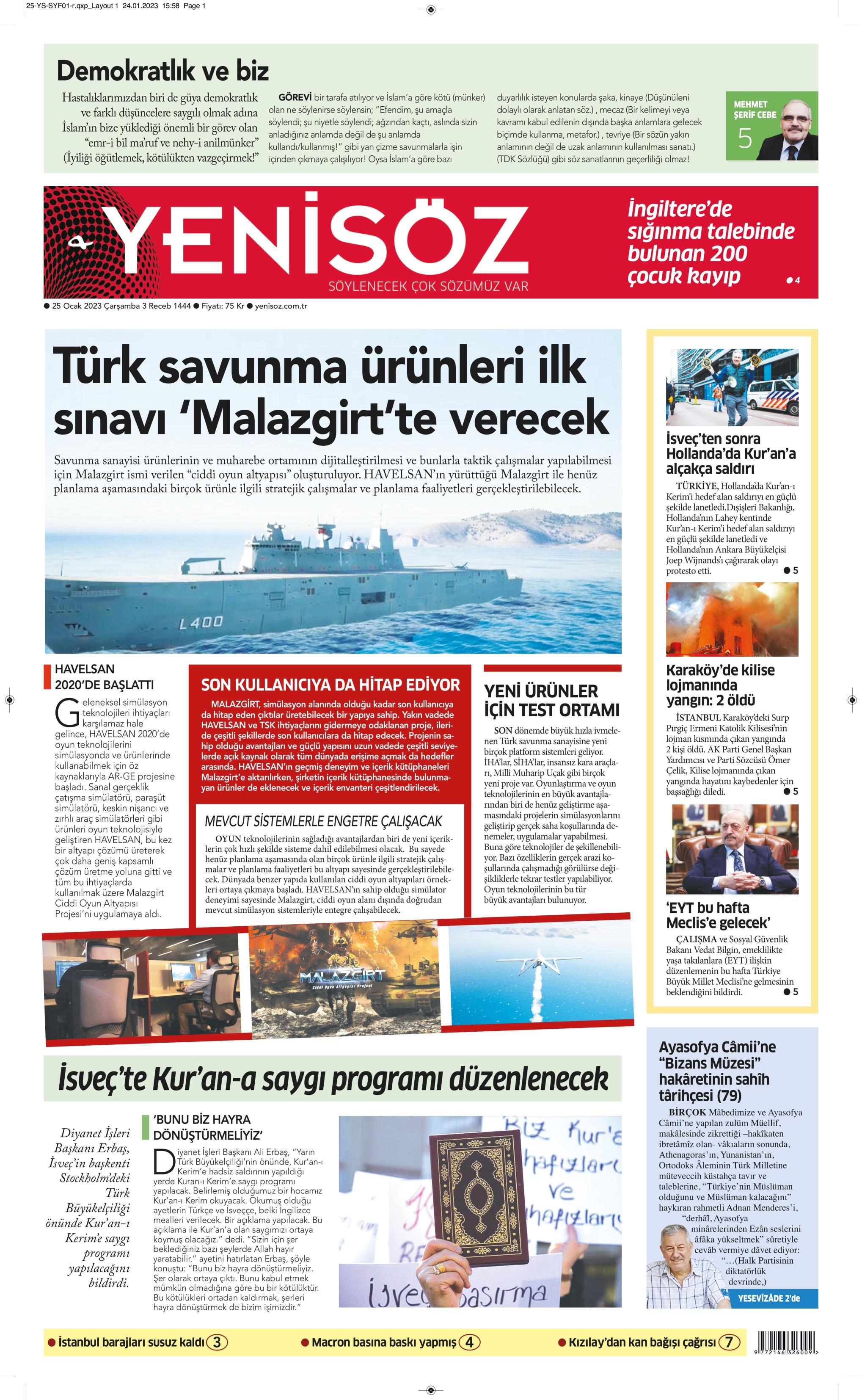 Yenisöz Gazetesi 25 Ocak 2023, Çarşamba Günü Manşeti