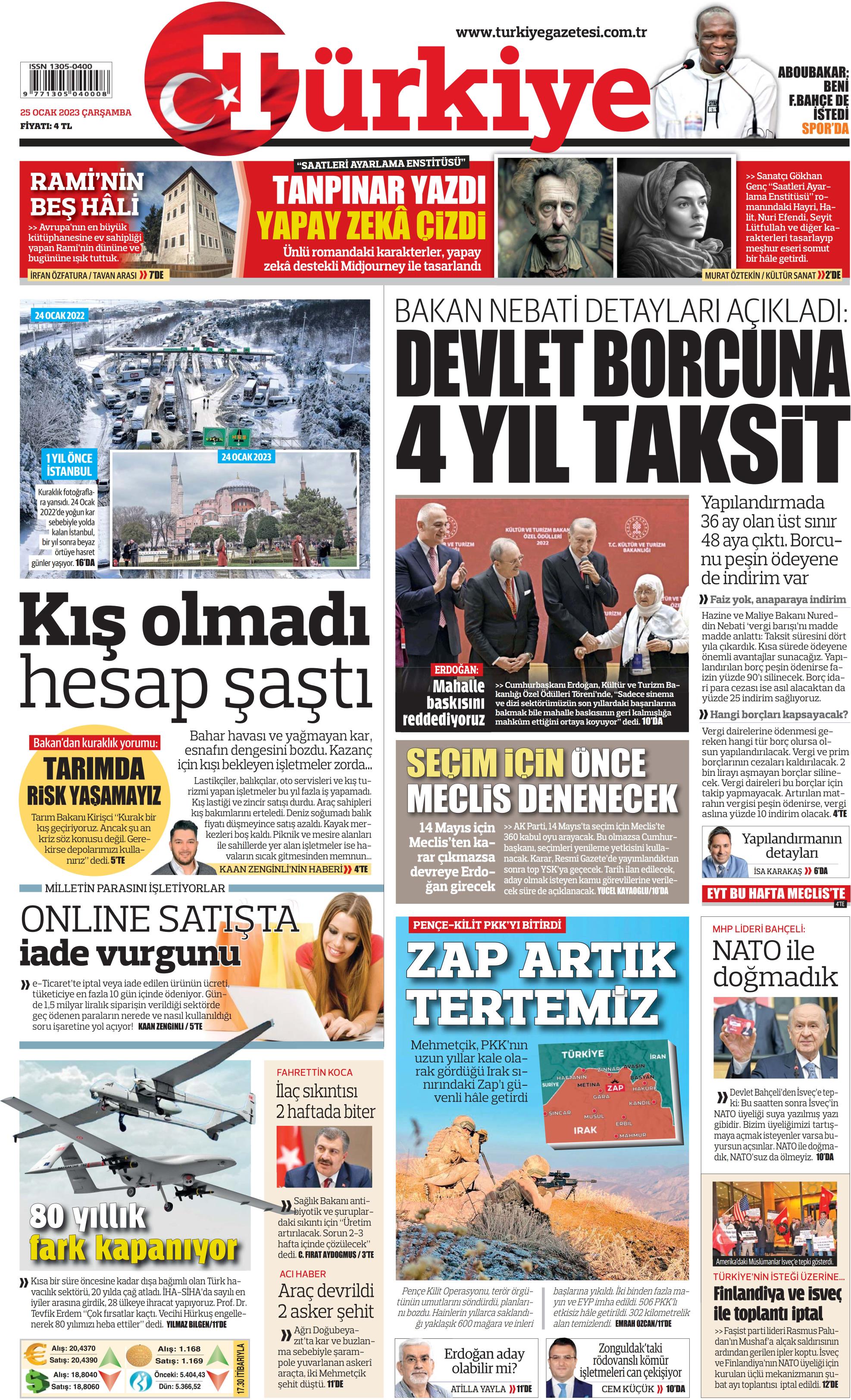 Türkiye Gazetesi 25 Ocak 2023, Çarşamba Günü Manşeti