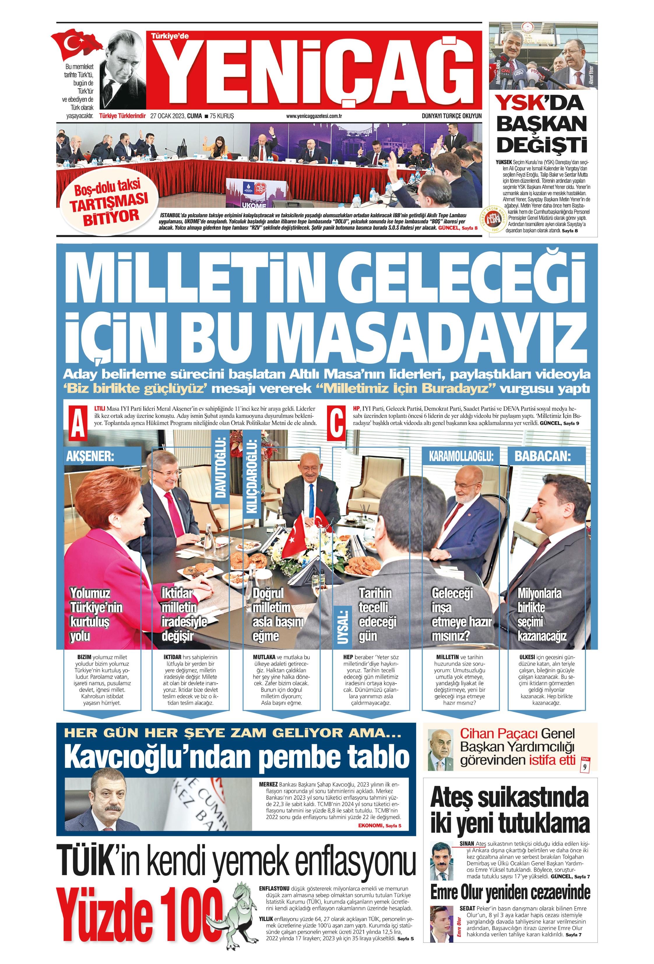 Yeniçağ Gazetesi 27 Ocak 2023, Cuma Günü Manşeti