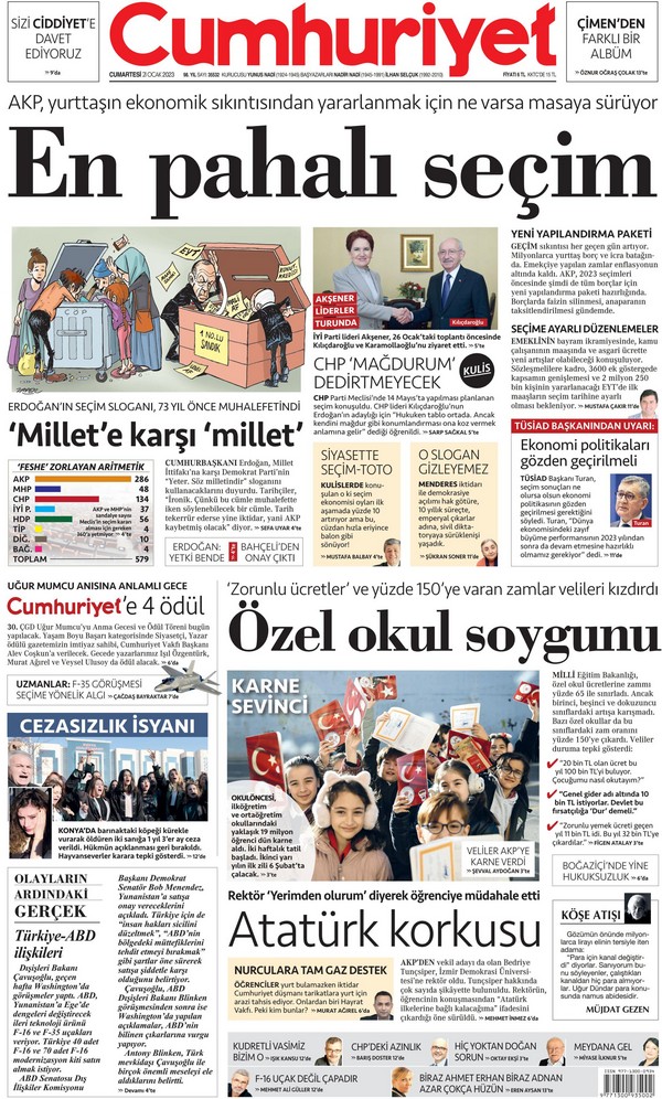 Cumhuriyet Gazetesi 21 Ocak 2023, Cumartesi Günü Manşeti