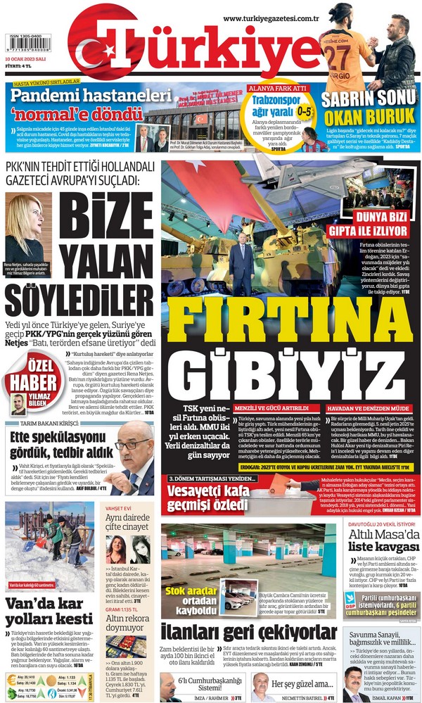 Türkiye Gazetesi 10 Ocak 2023, Salı Günü Manşeti