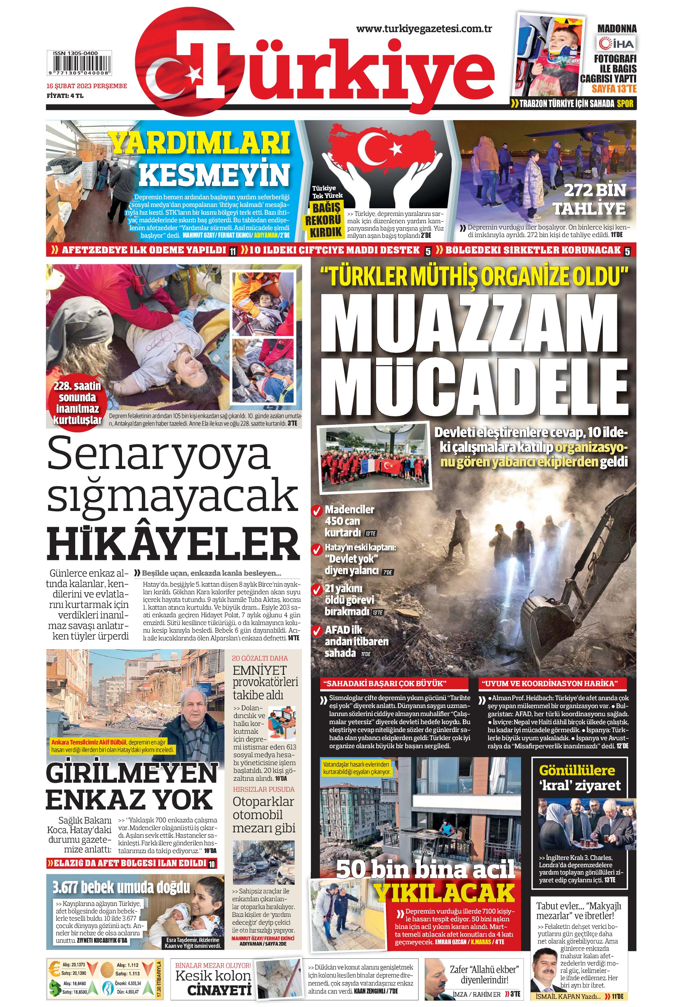 Türkiye Gazetesi 16 Şubat 2023, Perşembe Günü Manşeti
