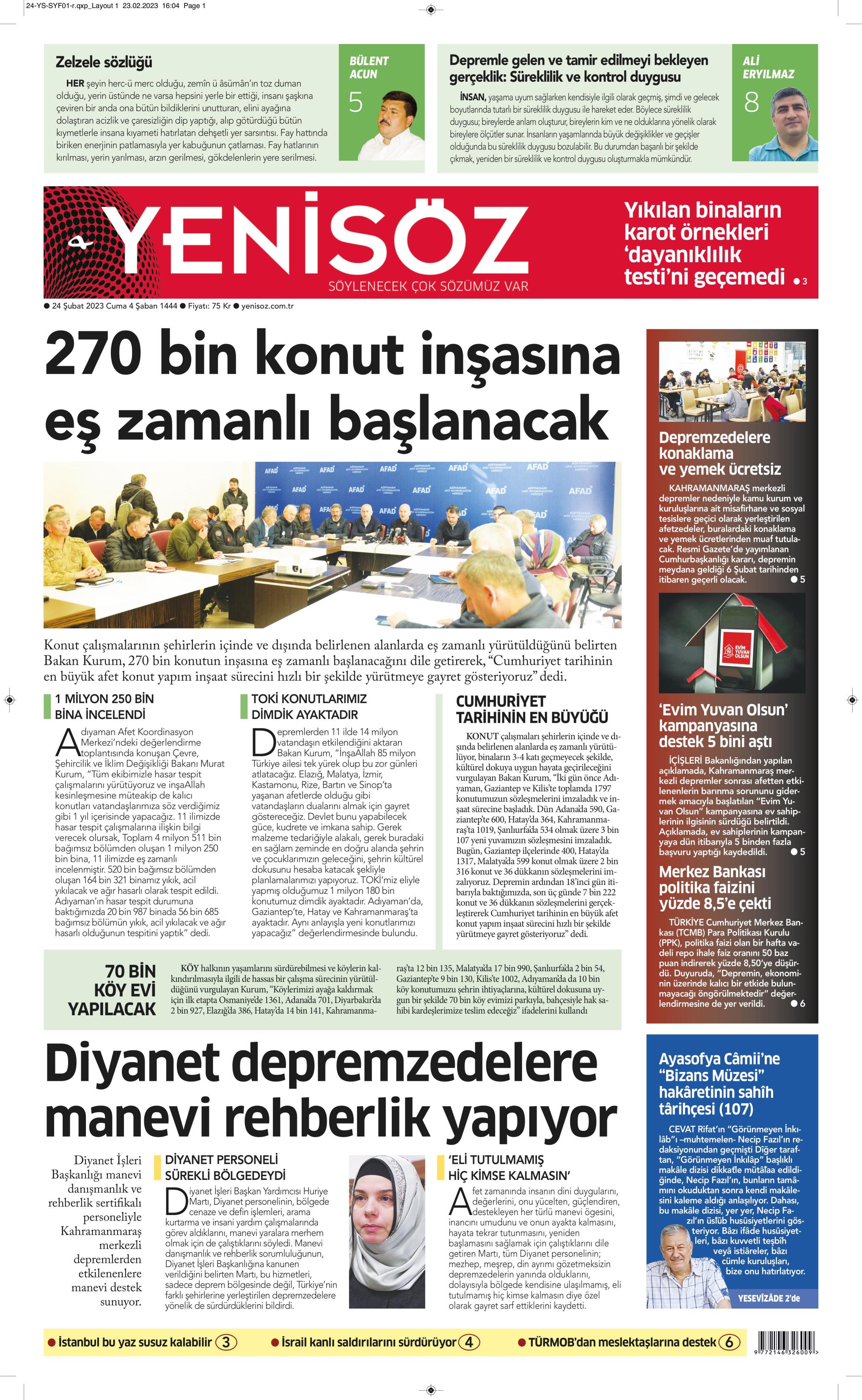 Yeni Söz Gazetesi 24 Şubat 2023, Cuma Günü Manşeti