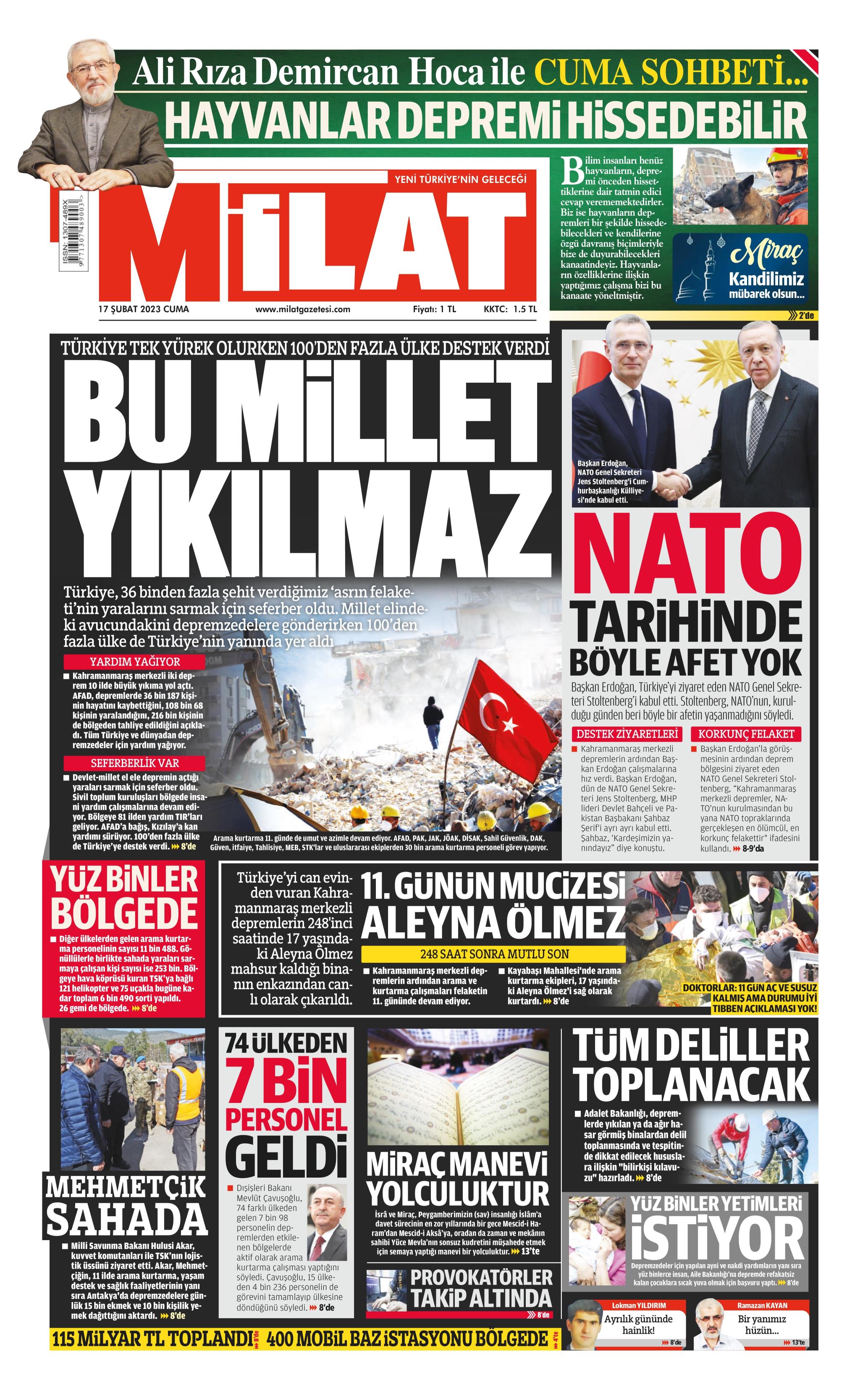 Milat Gazetesi 17 Şubat 2023, Cuma Günü Manşeti