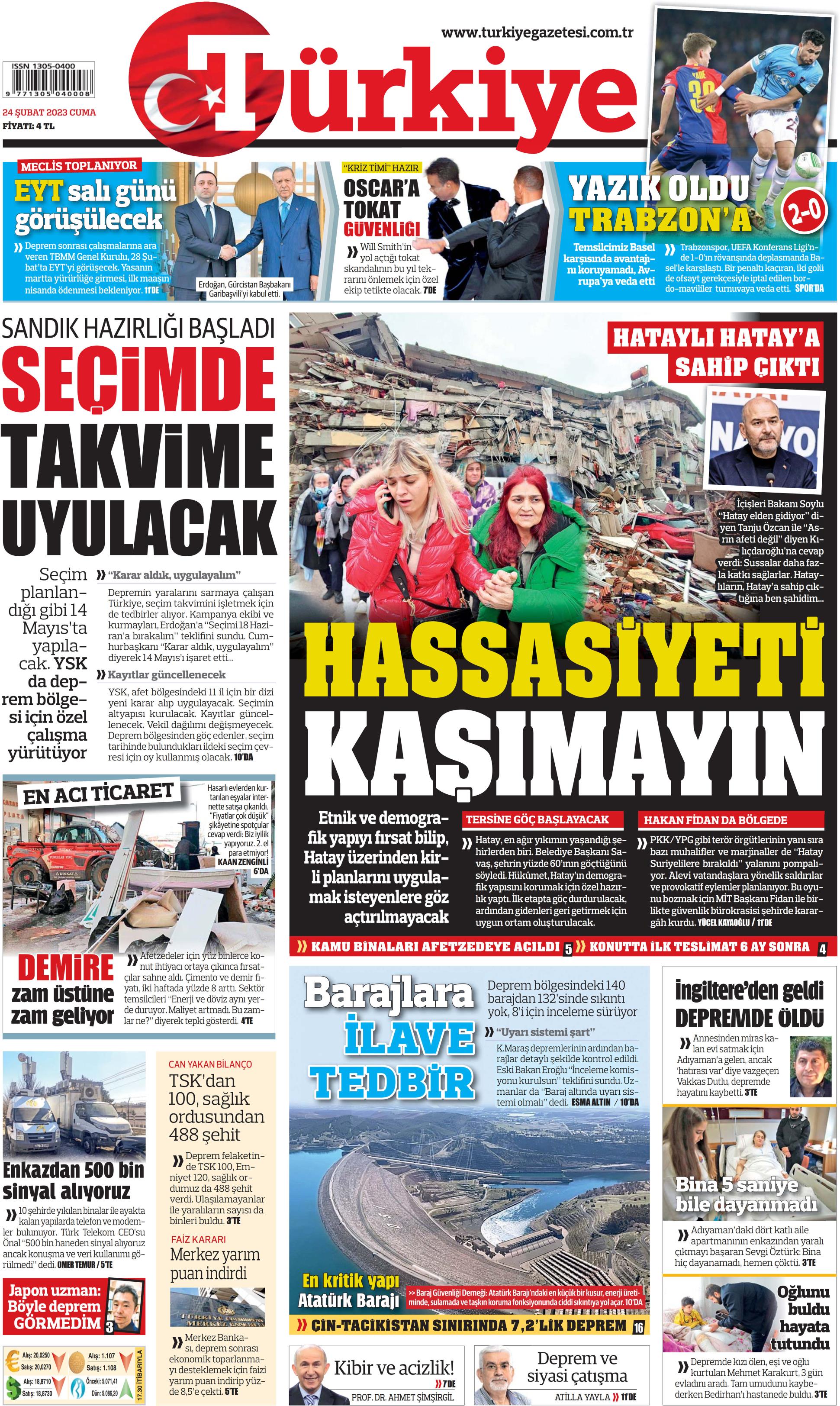 Türkiye Gazetesi 24 Şubat 2023, Cuma Günü Manşeti
