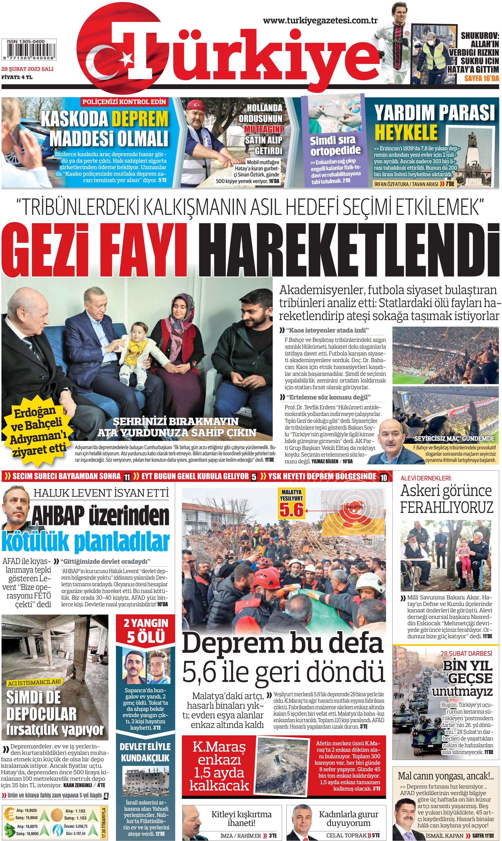 Türkiye Gazetesi 28 Şubat 2023, Salı Günü Manşeti