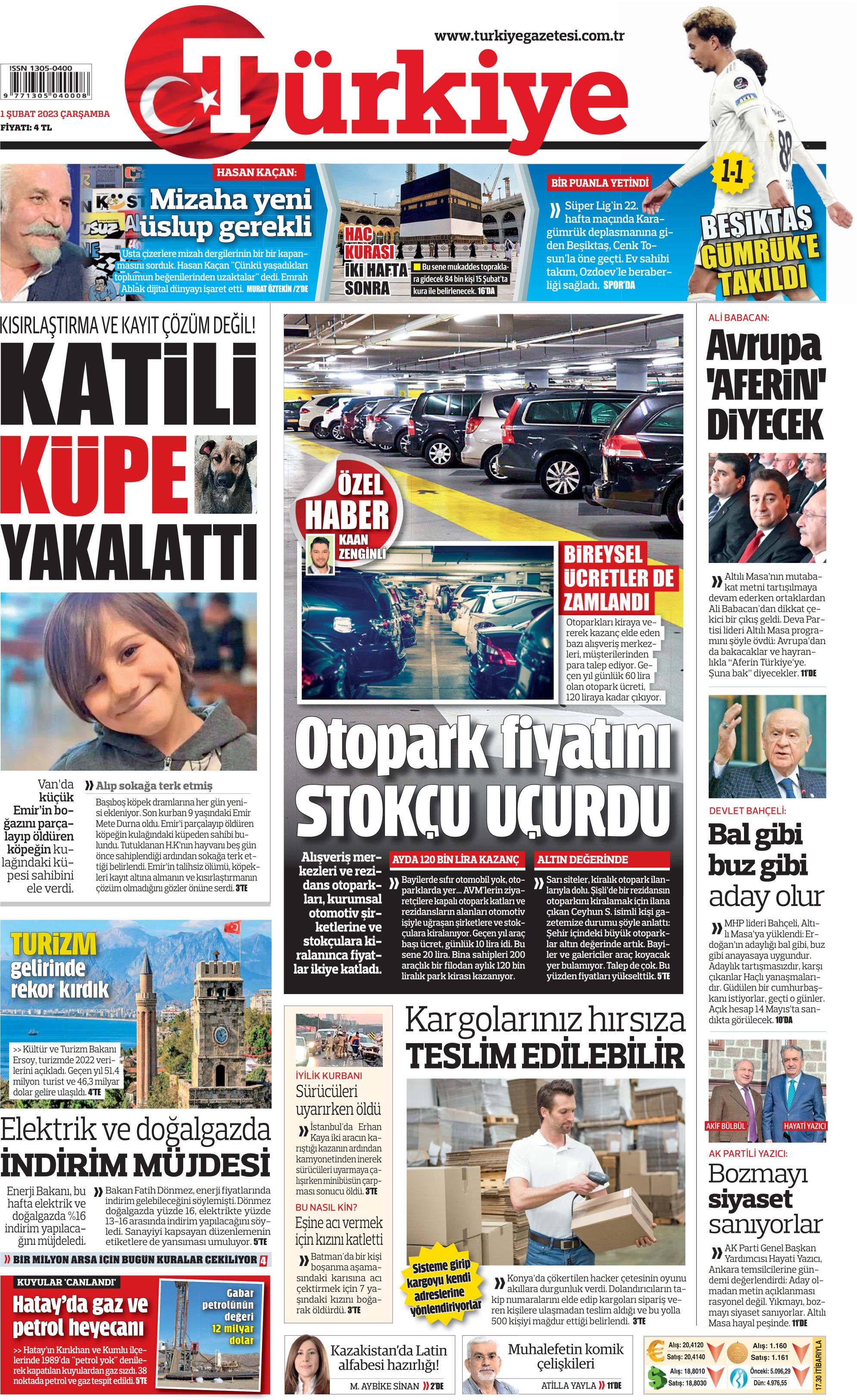 Türkiye Gazetesi 1 Şubat 2023, Çarşamba Günü Manşeti