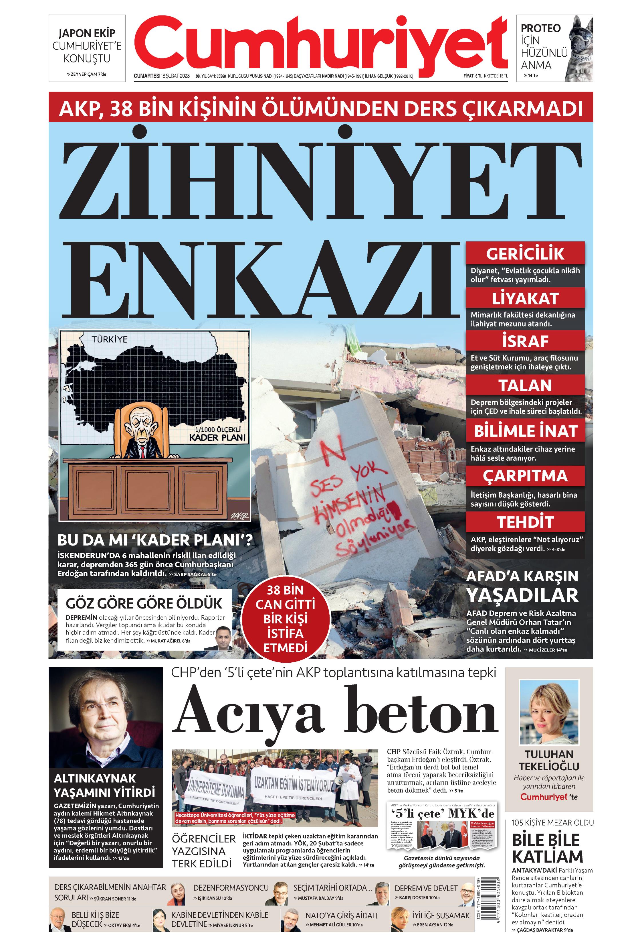 Cumhuriyet Gazetesi 18 Şubat 2023, Cumartesi Günü Manşeti