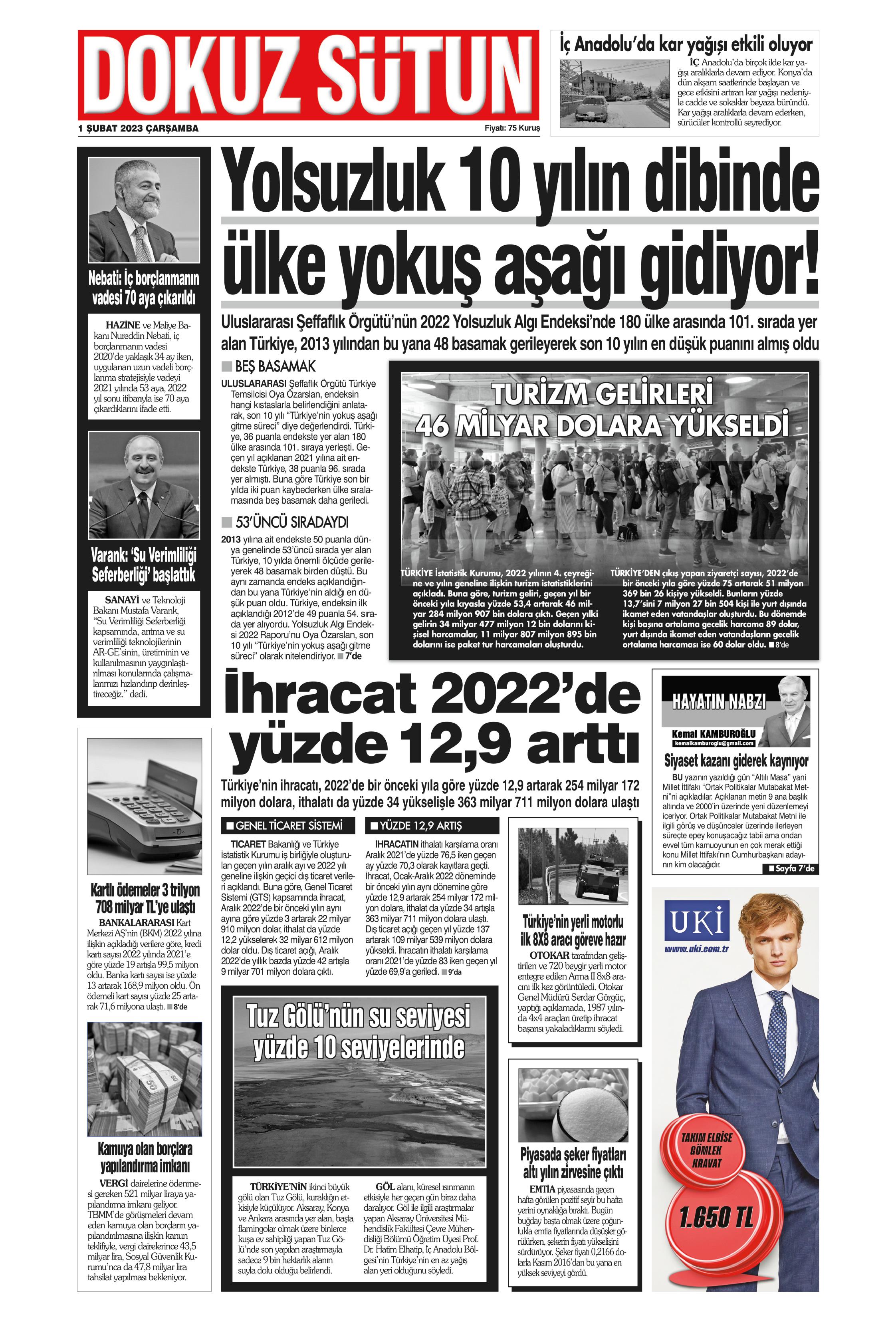 Dokuz Sütun Gazetesi 1 Şubat 2023, Çarşamba Günü Manşeti
