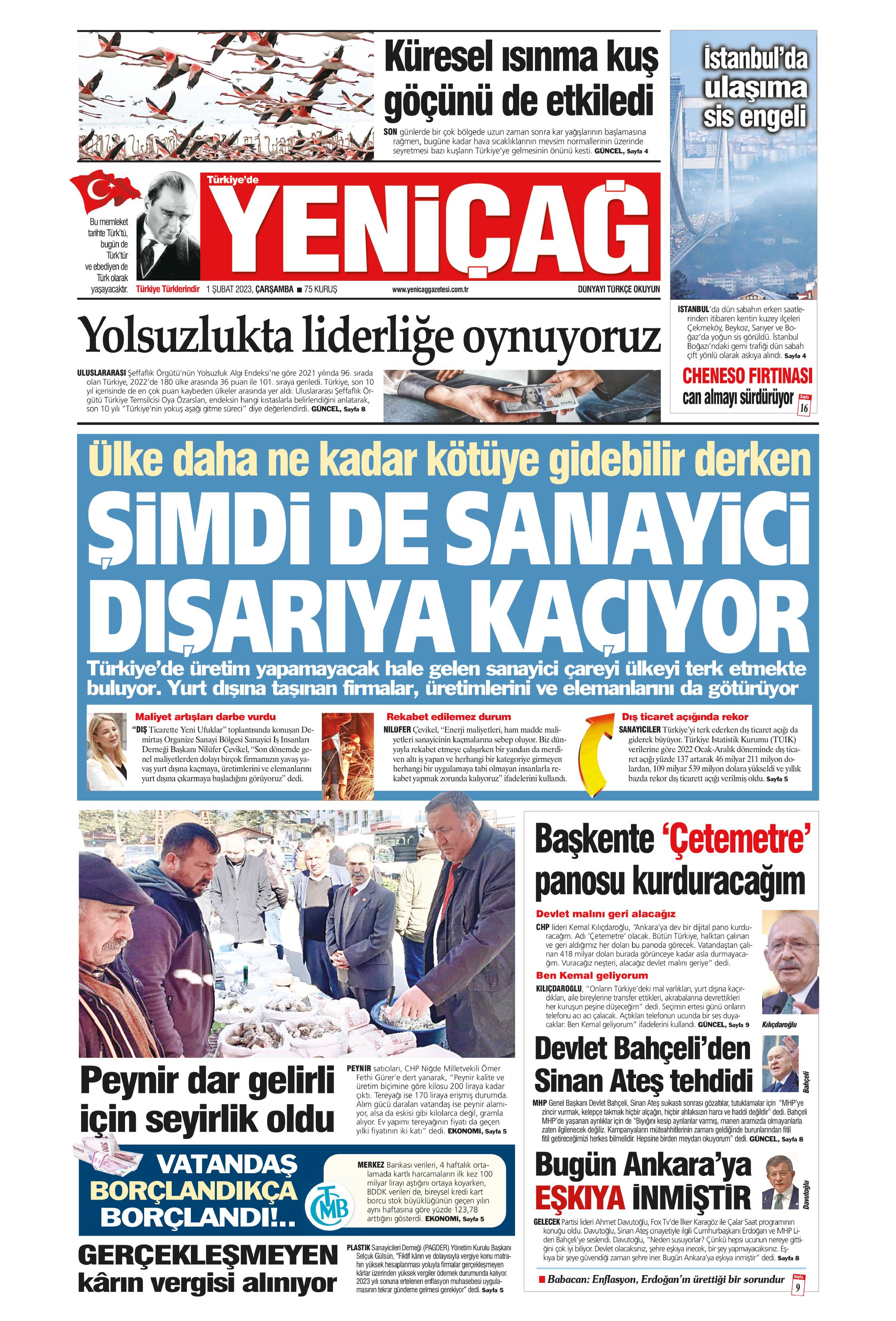 Yeniçağ Gazetesi 1 Şubat 2023, Çarşamba Günü Manşeti