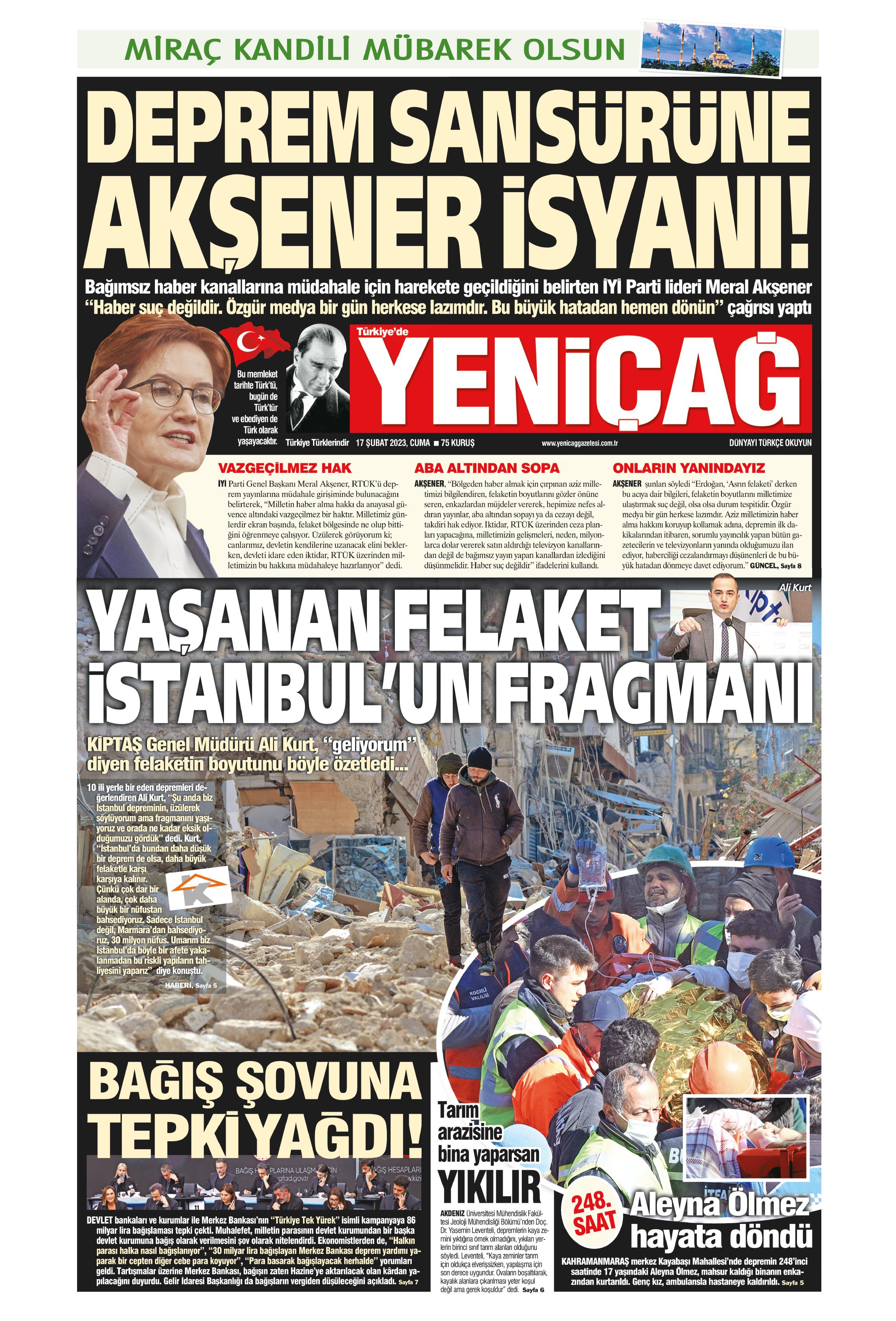 Yeniçağ Gazetesi 17 Şubat 2023, Cuma Günü Manşeti