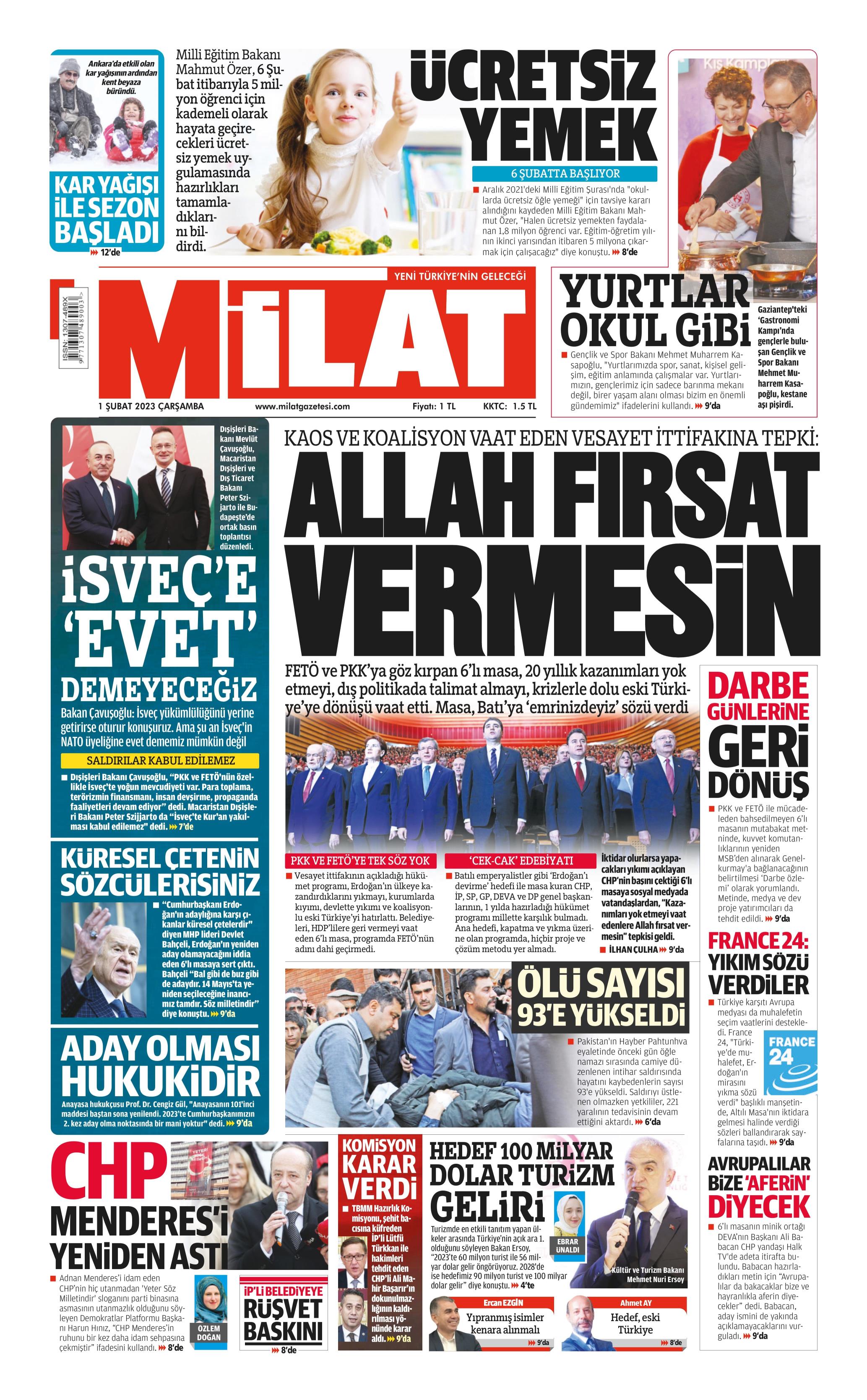 Milat Gazetesi 1 Şubat 2023, Çarşamba Günü Manşeti