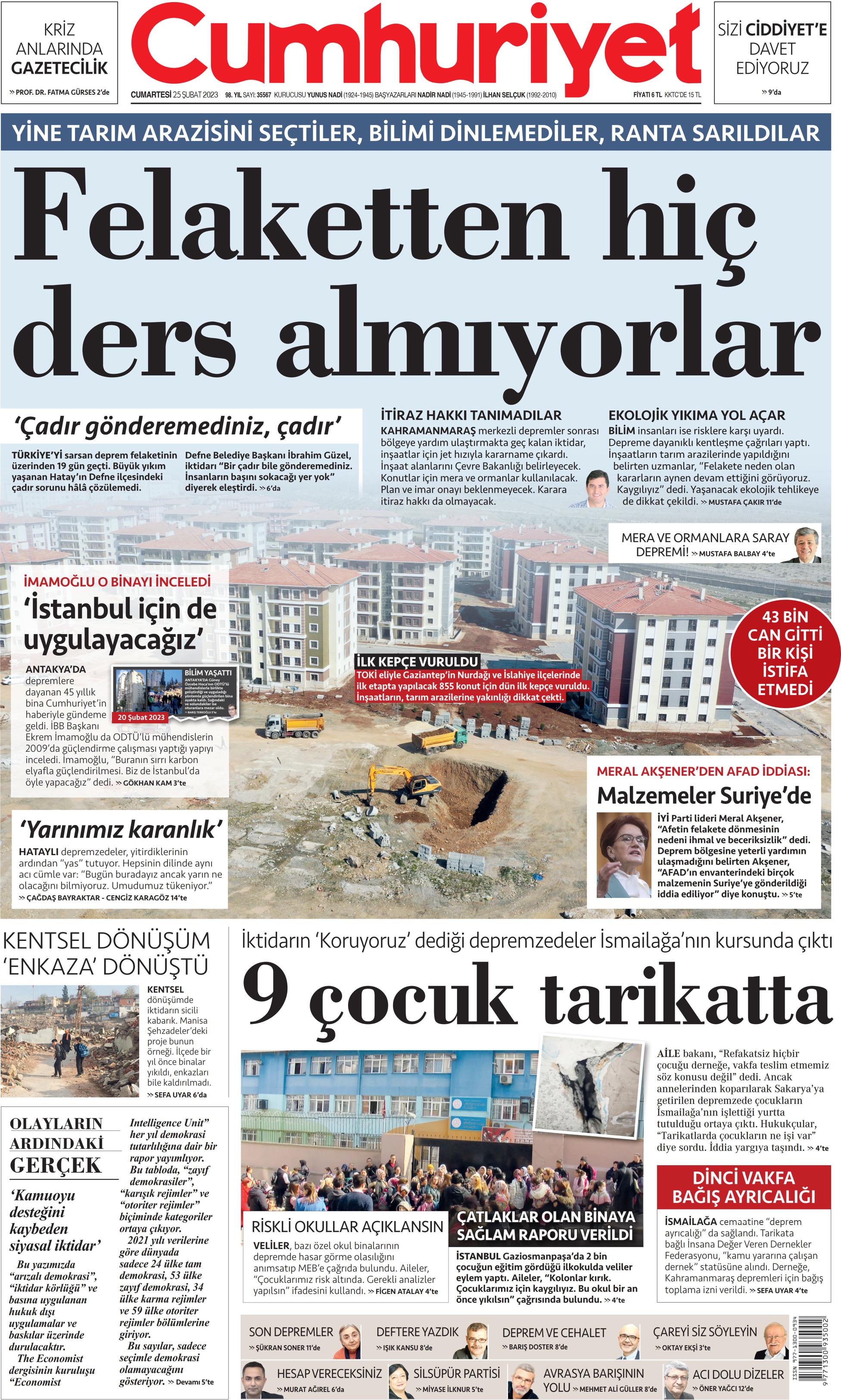 Cumhuriyet Gazetesi 25 Şubat 2023, Cumartesi Günü Manşeti