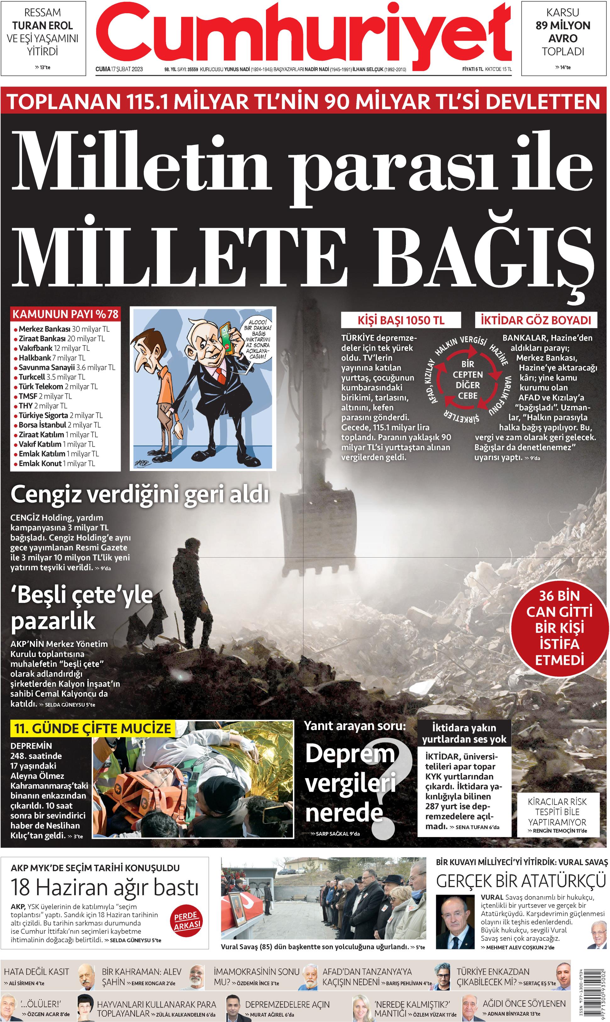 Cumhuriyet Gazetesi 17 Şubat 2023, Cuma Günü Manşeti