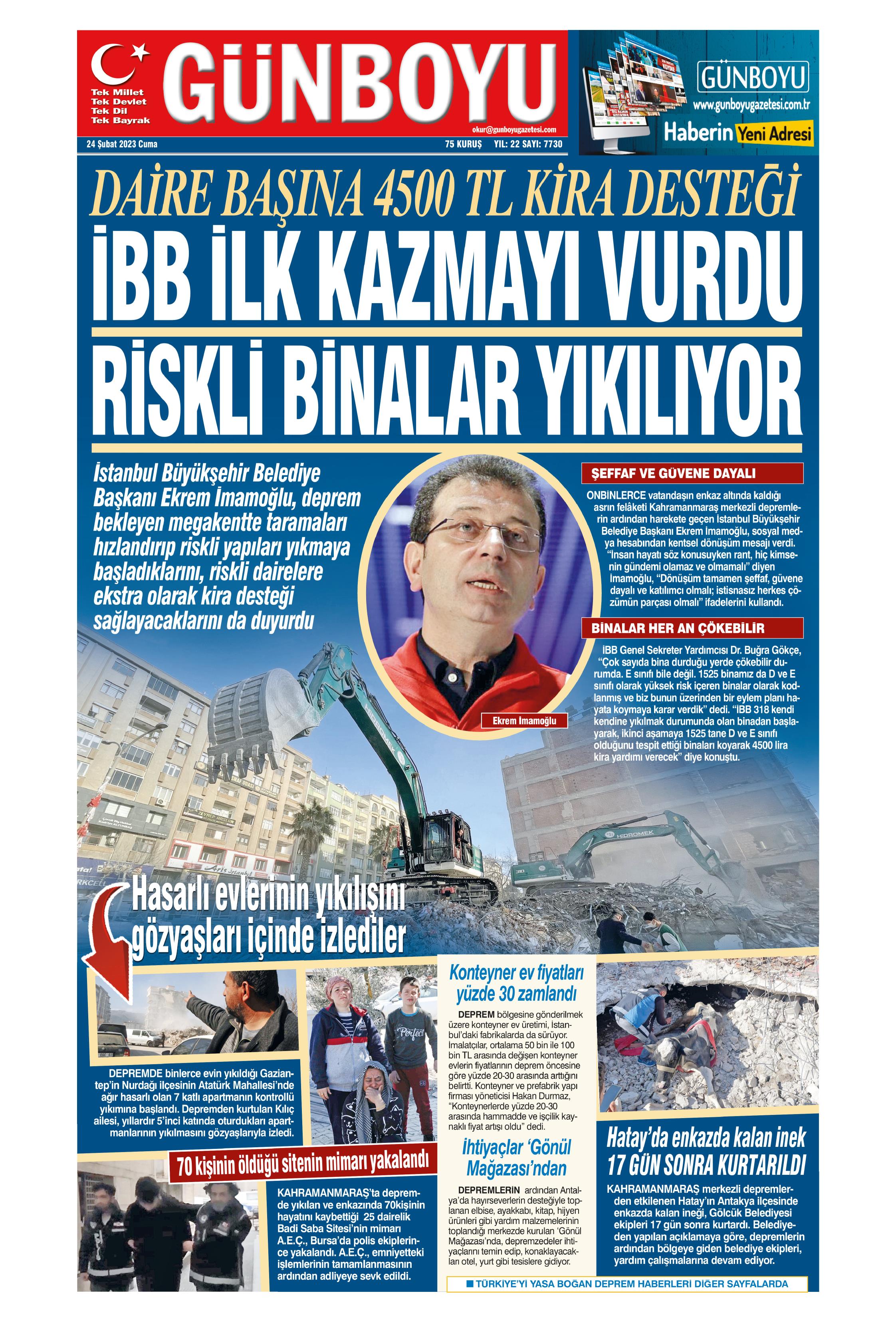 Günboyu Gazetesi 24 Şubat 2023, Cuma Günü Manşeti