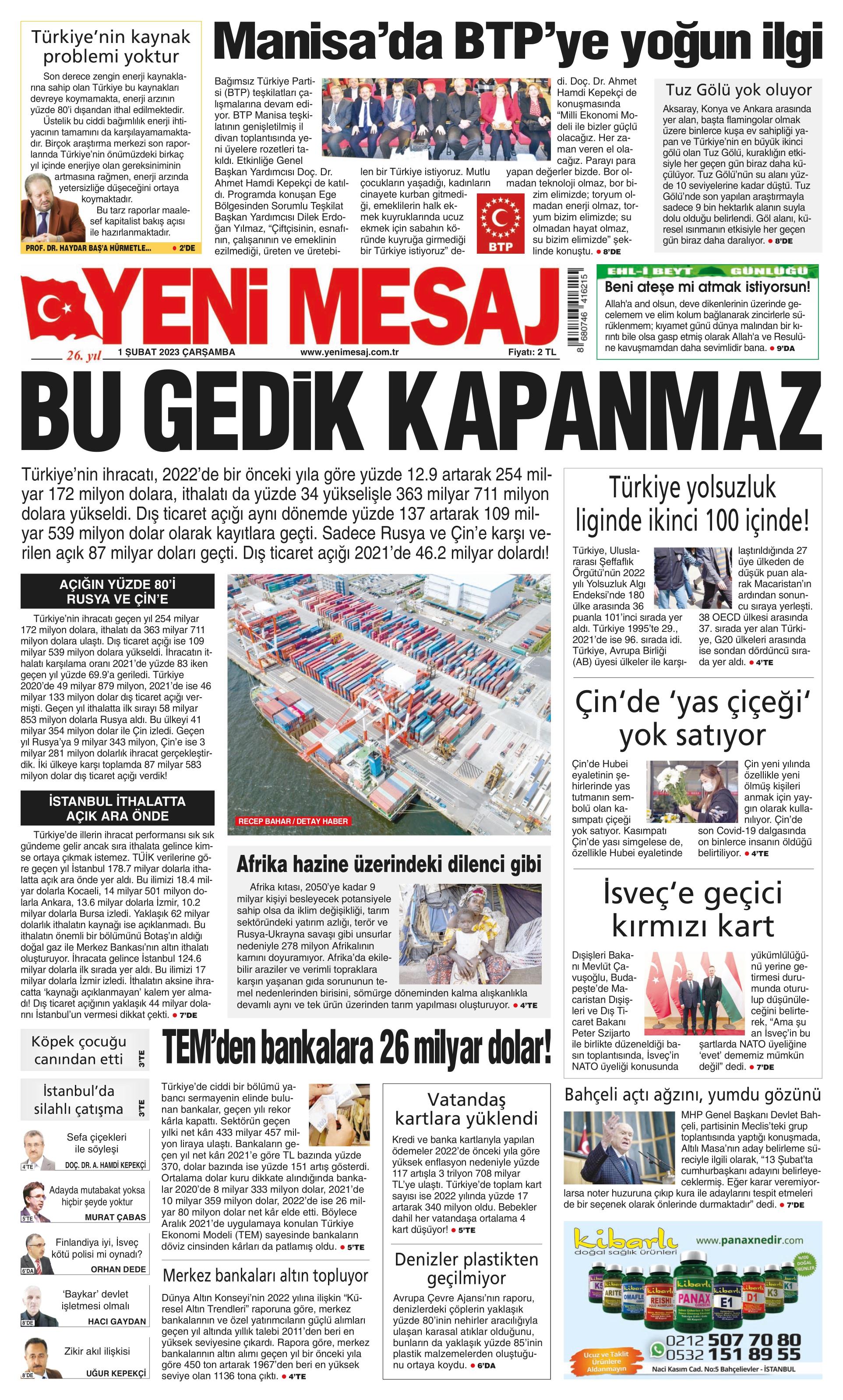 Yeni Mesaj Gazetesi 1 Şubat 2023, Çarşamba Günü Manşeti