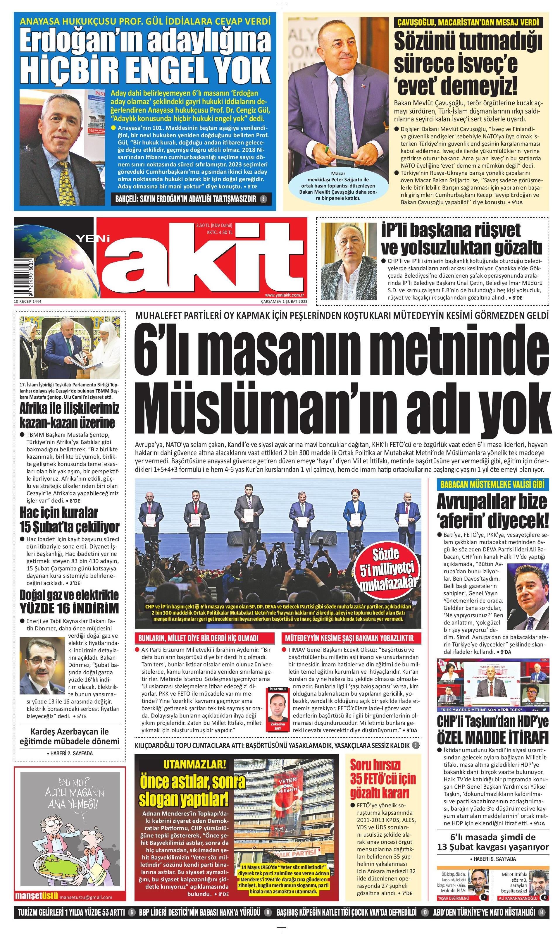Yeni Akit Gazetesi 1 Şubat 2023, Çarşamba Günü Manşeti