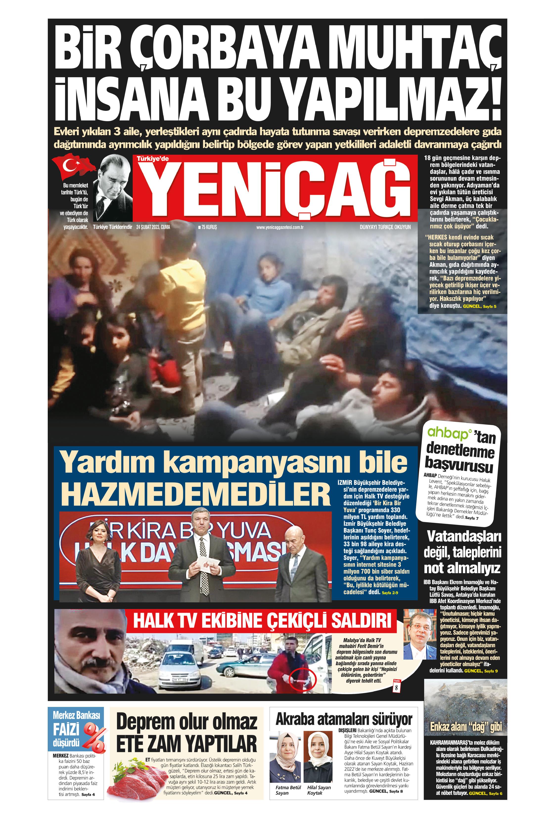 Yeniçağ Gazetesi 24 Şubat 2023, Cuma Günü Manşeti