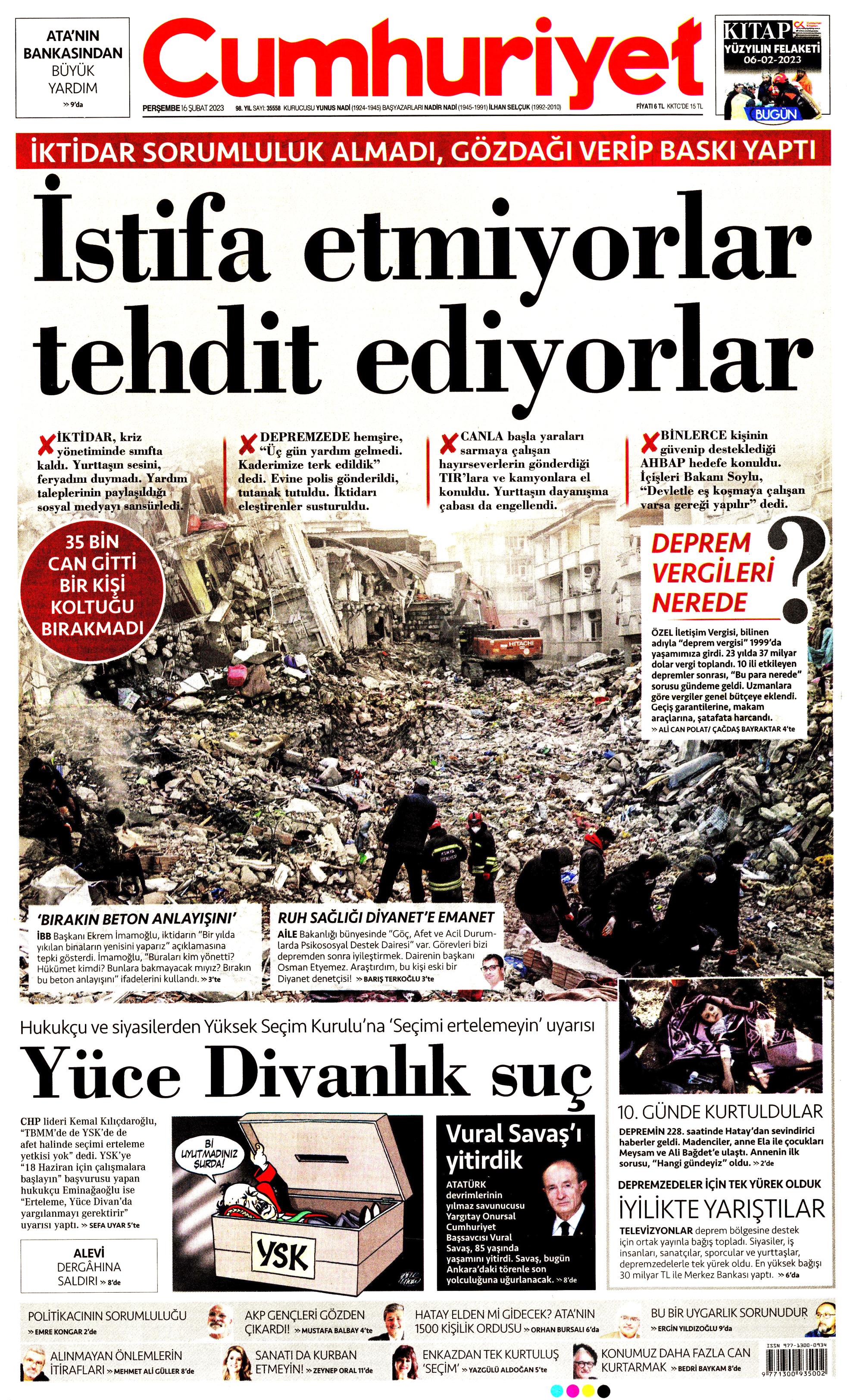Cumhuriyet Gazetesi 16 Şubat 2023, Perşembe Günü Manşeti