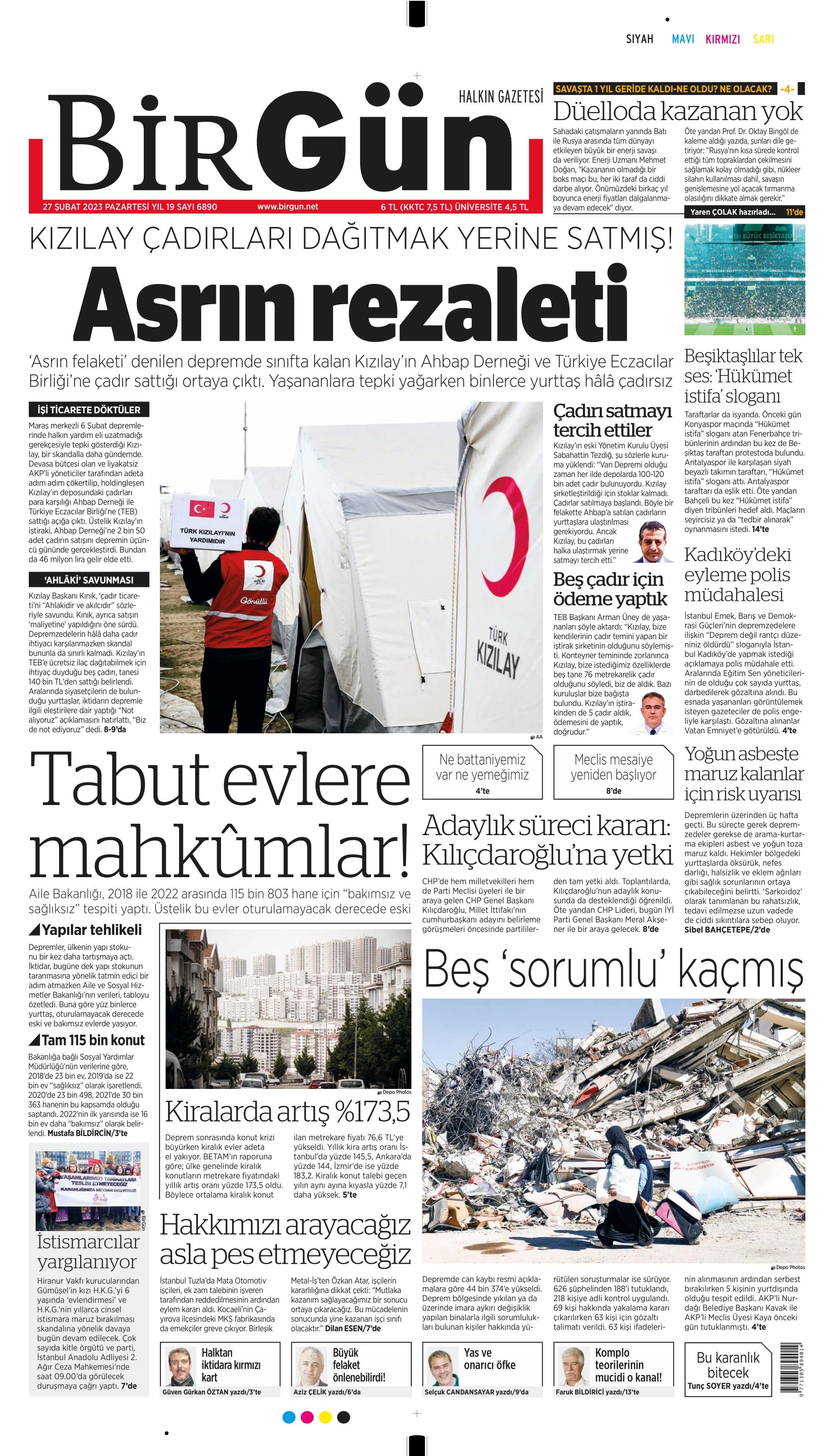 VirGün Gazetesi 27 Şubat 2023, Pazartesi Günü Manşeti