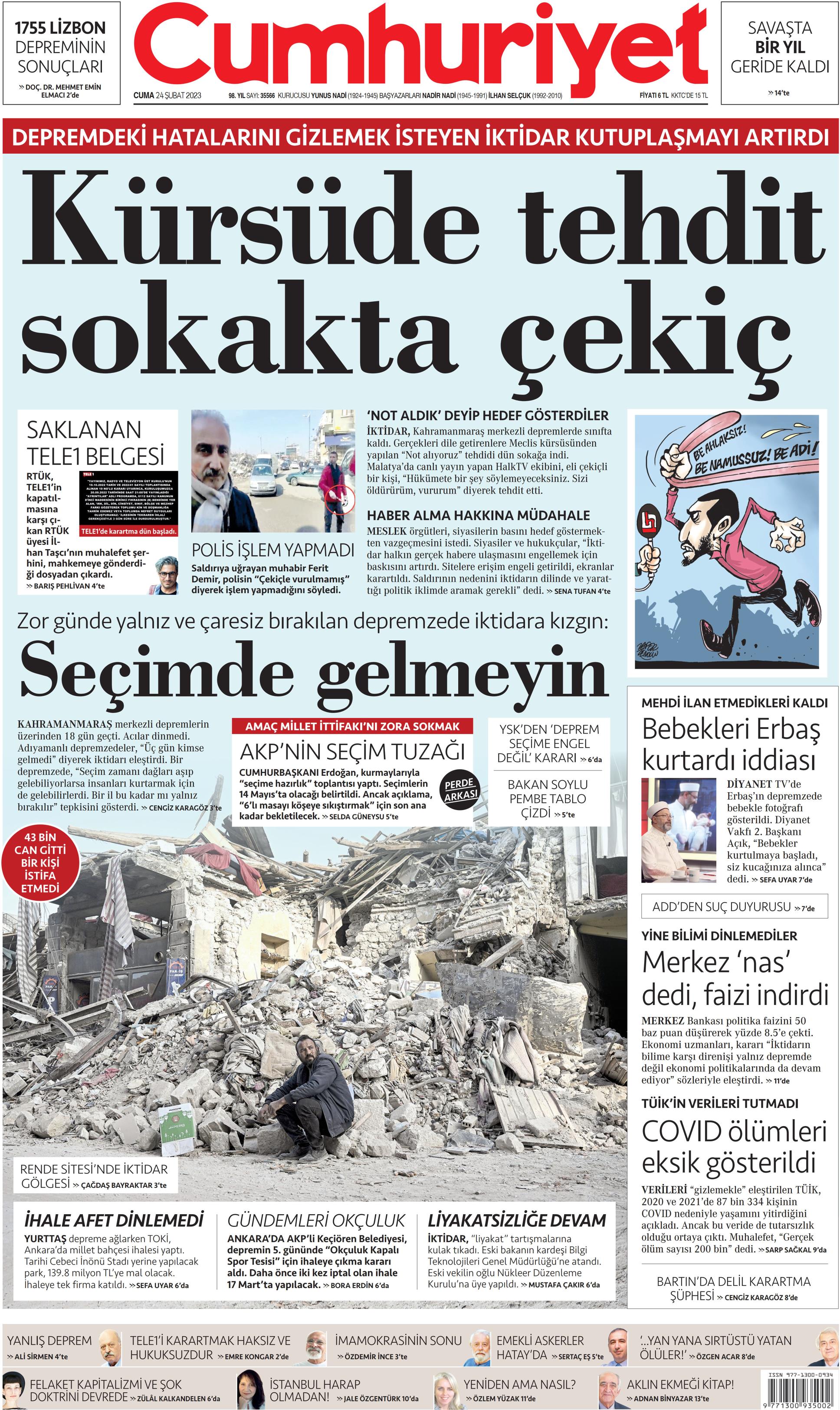 Cumhuriyet Gazetesi 24 Şubat 2023, Cuma Günü Manşeti